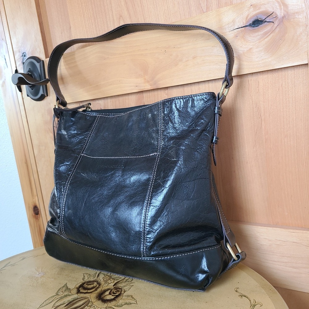 Tignanello Black Leather Shoulder Bag‎ Minimalist Retro 90s Classic Logo Charm - Picture 3 of 11